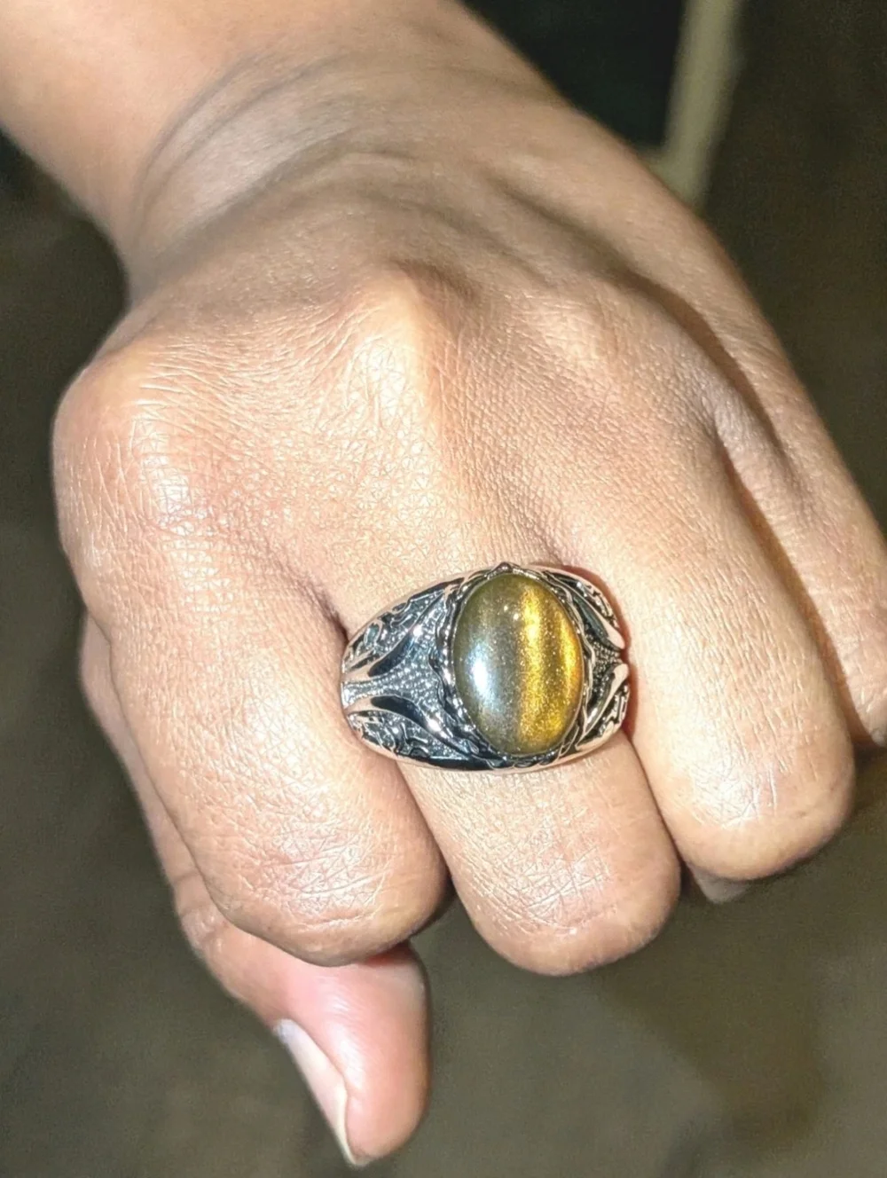 Men Oval Tiger Eye Gemstone Silver Plated Ring , Brown Veined Stone Ring Sz 10